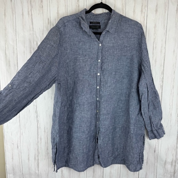 Tahari 100% linen Blue Gray Button-Up Shirt - Picture 1 of 4